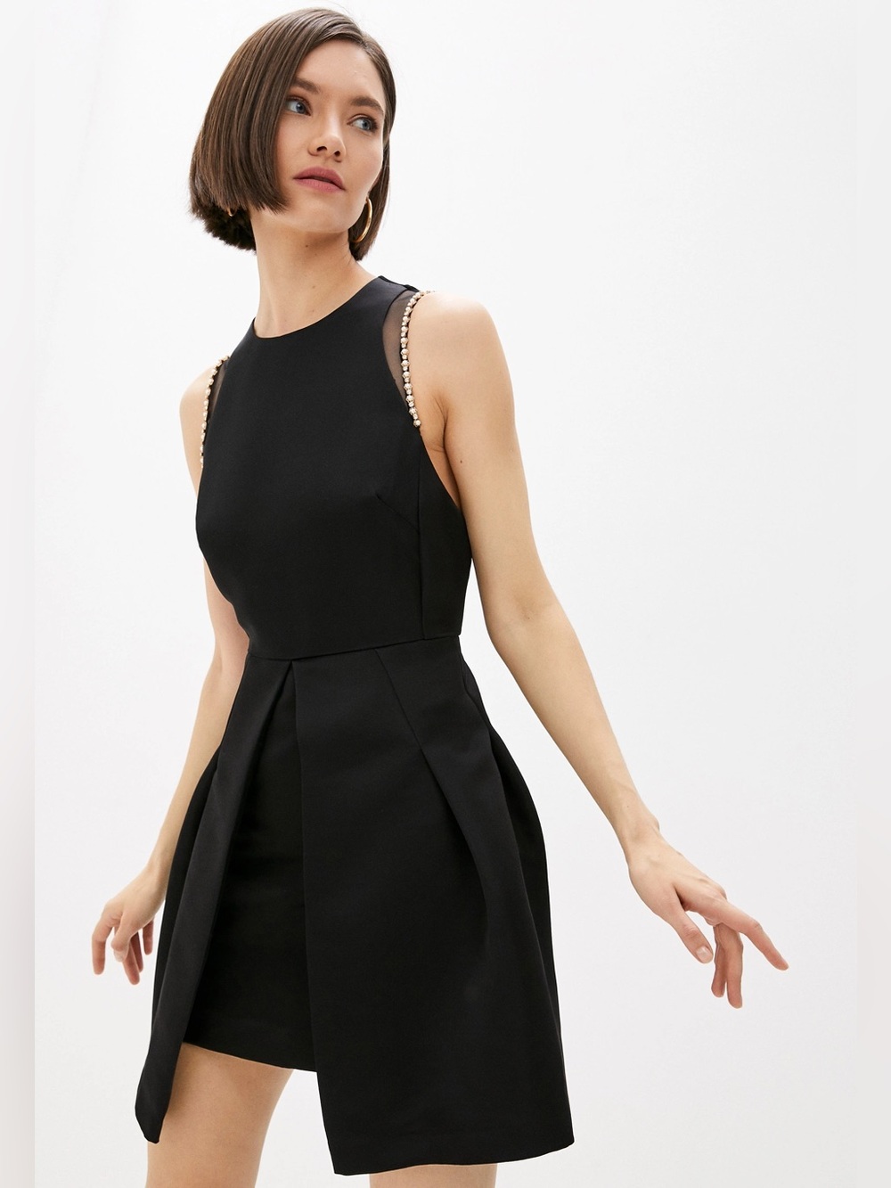 NWT - SANDRO Lorence Dress EU 40 Mini Black Dress with Pearl-Trim Shoulders